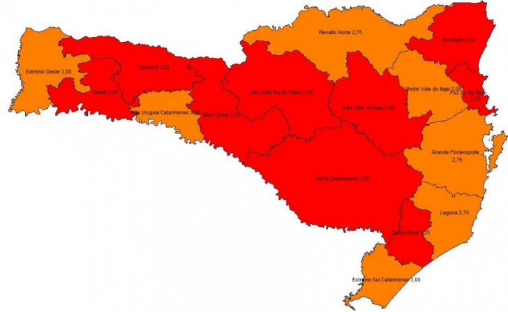 As regiões em vermelho estão em nível gravíssimo na pandemia, aponta o Estado / Reprodução