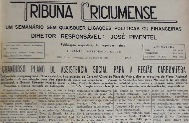 Reprodução / Tribuna Criciumense, 23/5/1955