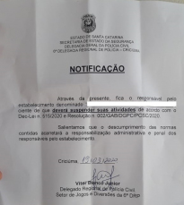 Notícia - Quem insistir em ficar com estabelecimento aberto será notificado