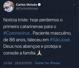 Notícia - Confirmada primeira morte por coronavírus em Santa Catarina