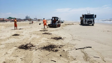 Notícia - Equipes trabalham na limpeza da orla de Balneário Arroio do Silva